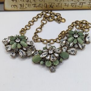 J. Crew Chunky Sage Green Crystal Bib Flower Statement Necklace EUC 22" long